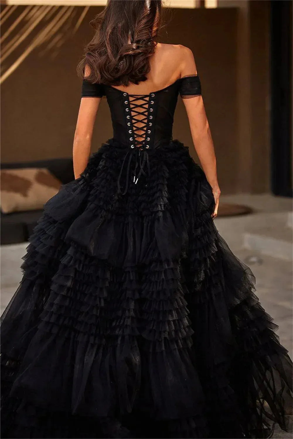 Multilayer Robe Sexy Off Shoulder Prom Dress Black Multilayer فستان حفلات الزفاف Luxury ...