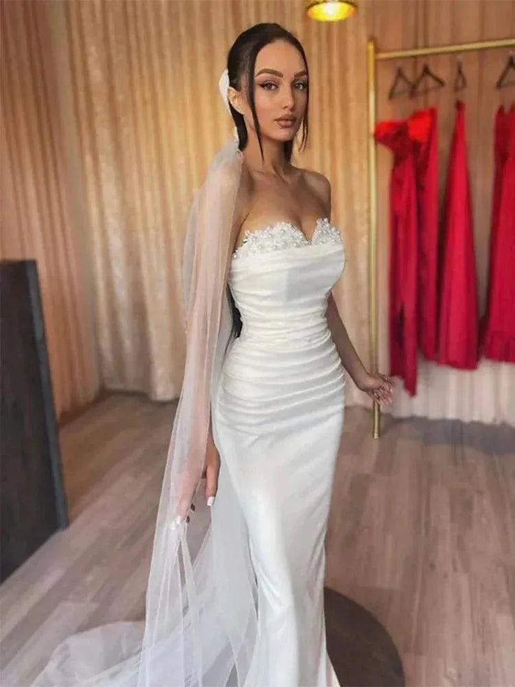 Sweetheart Mermaid Wedding Dress With Detachable Train Lace up Back Appliques Sleeves Pearl Bridal Gown With a Veil 50cm