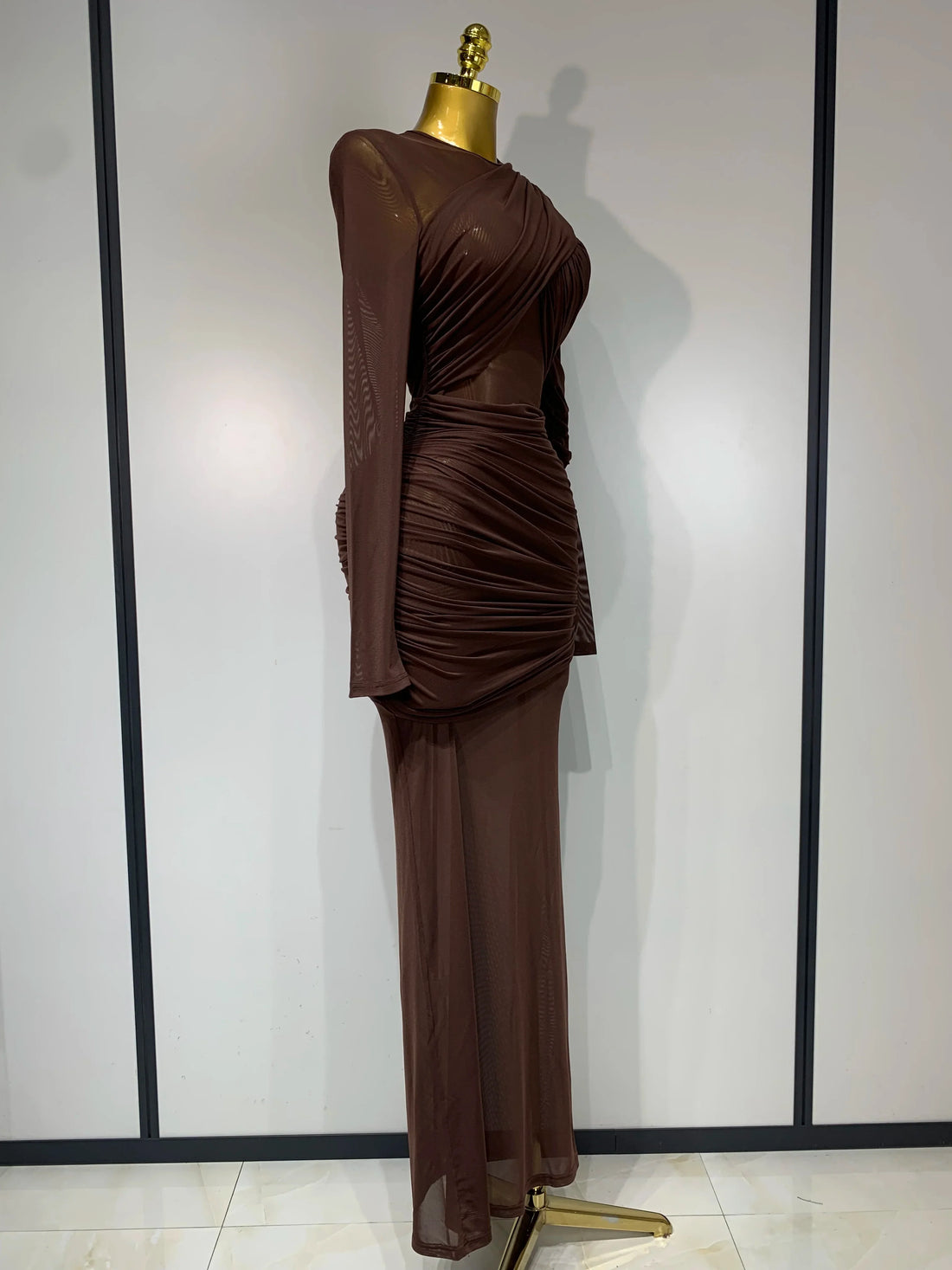 Elegant Brown Mesh Fold Long Sleeve Bodycon Dress Women  Evening Party Club Sexy Perspective Fashion Luxury Birthday Dresses