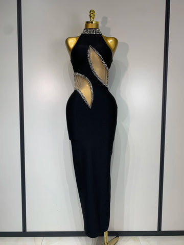 Women Sexy Rhinestone Black Sleeveless Mesh Patchwork Stretch Bodycon Bandage Party Dresses Elegant Birthday Dress