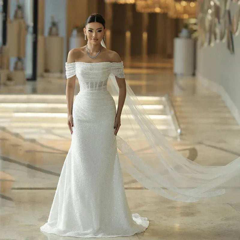 Elegant Mermaid Wedding Dresses Off The Shoulder Sequines Bridal Dress Boho Beach Wedding Prom Ball Gowns Customized