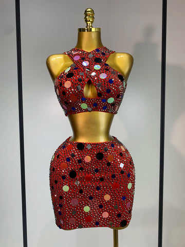 Luxury Rhinestone Sequin Sexy Two Piece Set 2025 New Fashion Nightclub Sparkly Perform Stage Costume Birthday Dress