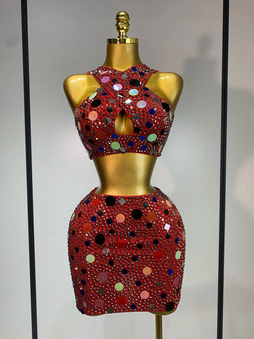 Luxury Rhinestone Sequin Sexy Two Piece Set  New Fashion Nightclub Sparkly Perform Stage Costume Birthday Dress