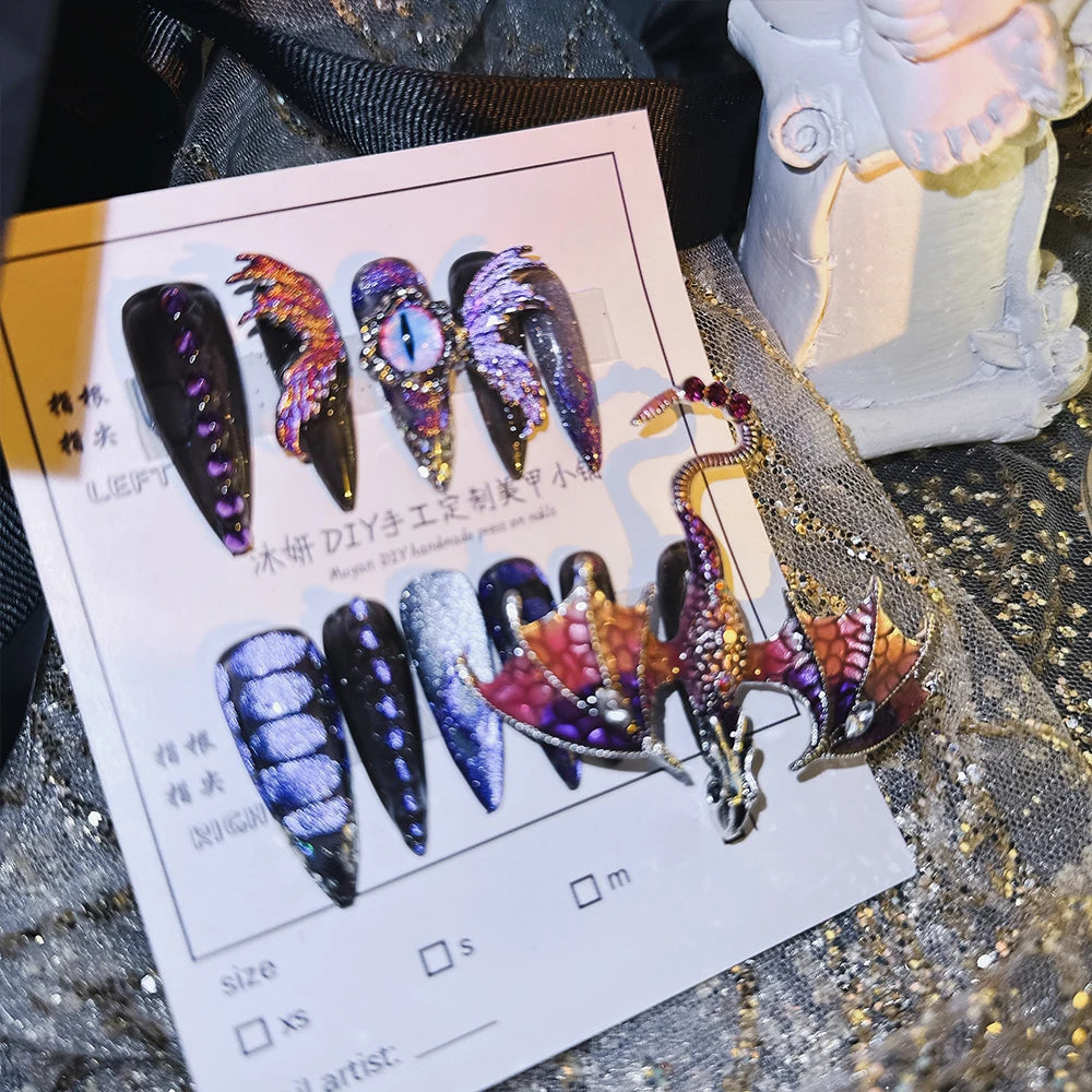 Handmade Press on Nails Heavy Industry Pure Hand-painted Purple Emperor Dragon Exaggerated Super Cool Spicy girl European Americ