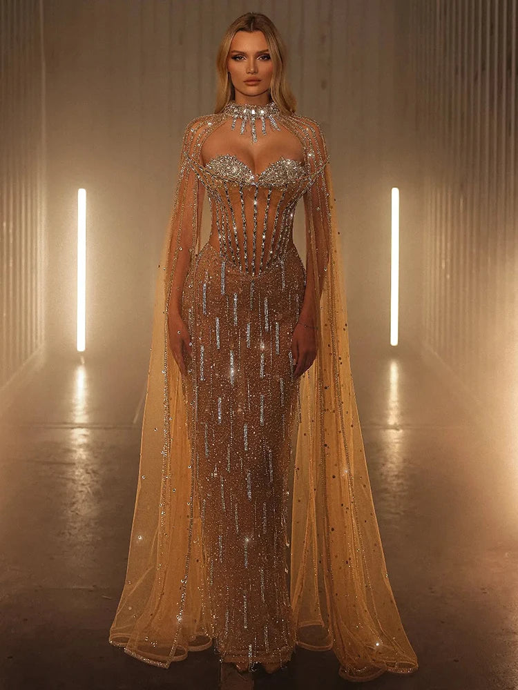 VC Nude Crystal Tassels Maxi Long Dress Strapless See Through Mesh Sequins Maxi Bodycon Celebrity Party Cocktail Evening Gowns