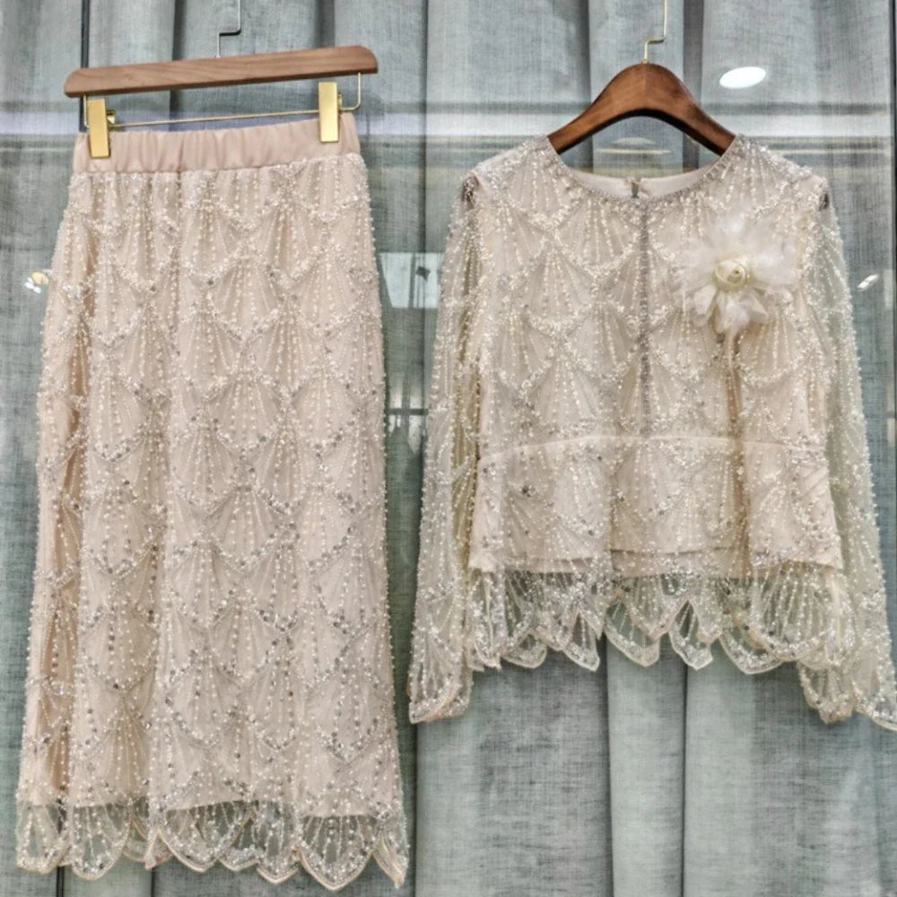 TWOTWINSTYLE Spliced Bead Luxurious Two Piece Sets for Women Round Neck Long Sleeve Patchwork 3D Flower Top Skirt Set Female New WHITE