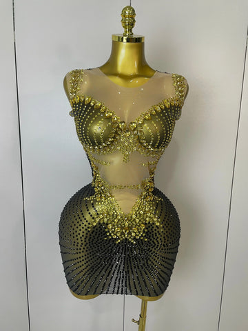 Sparkly Gold Rhinestone Transparent Sleeveless Mini Dress Evening Birthday Celebrate Party Nightclub Performance Costume