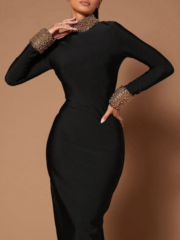 VC Winter Black Women Long Sleeve Sexy Golden Beading Bodycon Bandage Maxi Runway Cocktail Celebrity Evening Club Party Dress