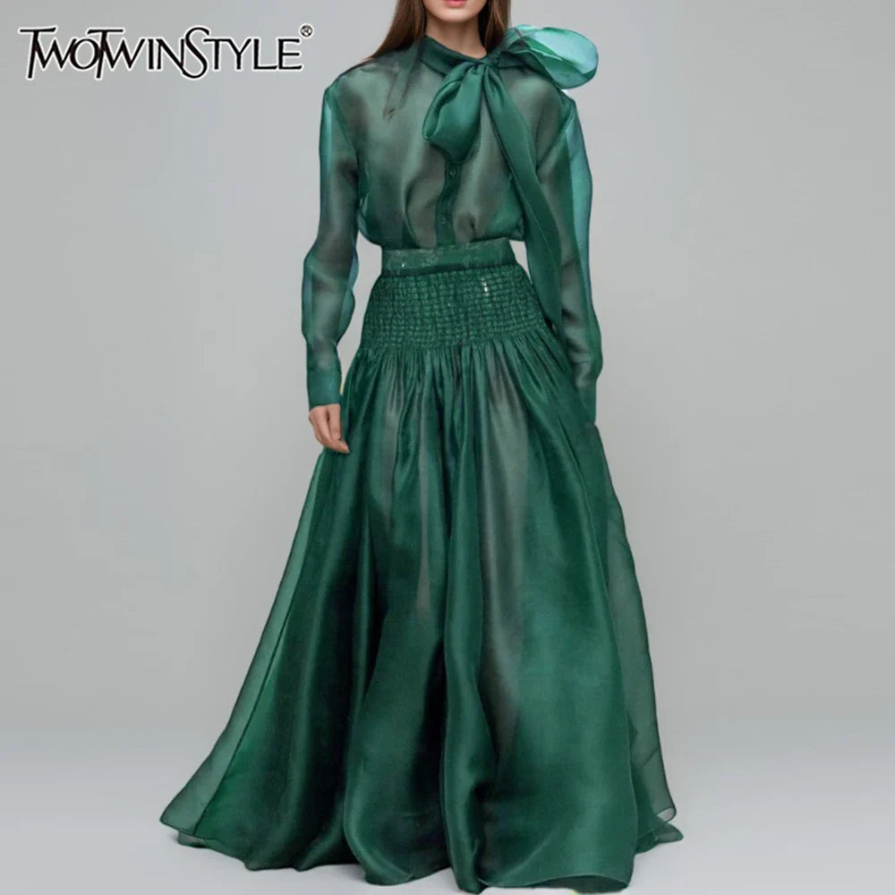 Solid Sheer Two Piece Sets for Women Round Neck Long Sleeves Spliced Bowknot Top High Waist Skirt Set Female New