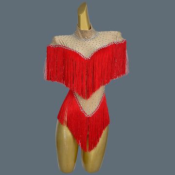 Nightclub Show Stage Performance Costume Rhinestone Red Tassel Bodysuit Women's Sexy Dance Leotard Dance Troupe Outfit Caizhuang
