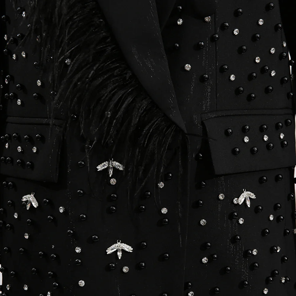 Solid Spliced Bead Luxurious Jackets for Women Lapel Long Sleeves Patchwork Single Breasted Jacket Female Clothing