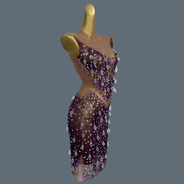 Purple Chic Dress Shine Rhinestone Crystals Sheer Mesh Hot Mini Dress Celebrate Party Wear Sheath Dress See Through Dress Shizhu