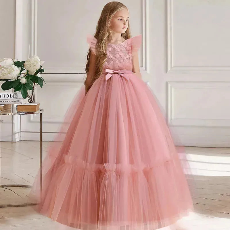 Girls Christmas Dress Flower Bridesmaid Children Princess Clothes Long Party Gowns Pageant Prom Communion Vestidos 13 14 Years Dark pink