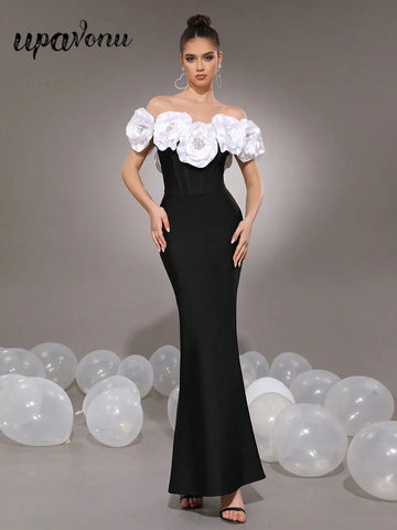 2025 Elegant Women's Light Luxury Flower Design Bandage Dresses One Collar Shoulder Bodycon Bareback Long Dress Party Vestidos