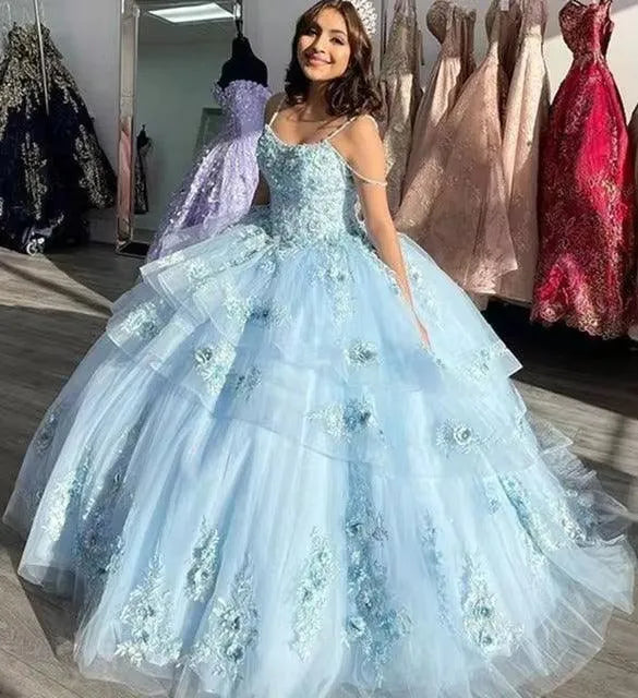Light Blue Flower Appliques Ball Gown Quinceanera Dresses Off