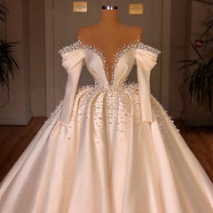 BEAUTIFUL 3 In 1 Pearls Wedding Dresses for women Satin Off Shoulder Court Train Bridal Gown Princess  Vestido De Novia