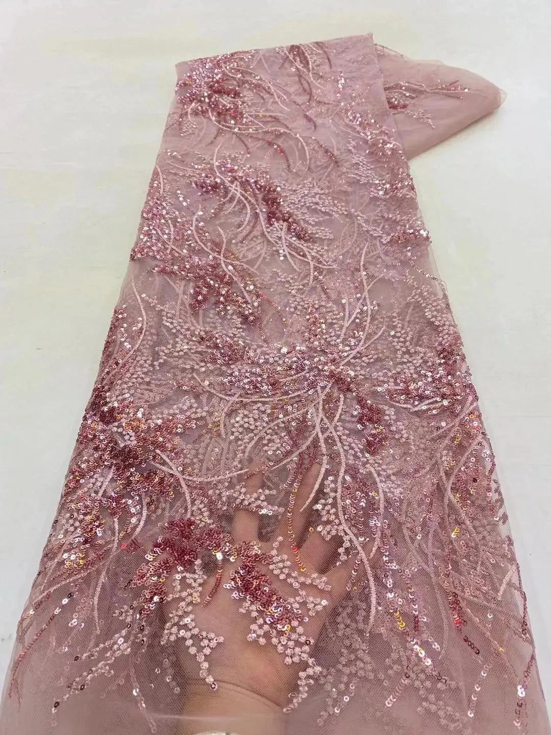 Luxury Pink French Tulle Net Sequins Lace Fabric African Lace Fabric 5 Yards For Nigeria Wedding Party Dress 5DX035 5yard