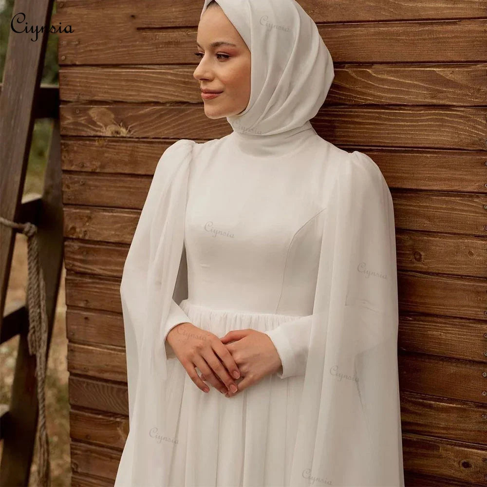 Vestidos de novia musulmanes con hijab de gasa color marfil con capa, vestidos de novia de Dubái de corte A para mujer, bata de novia