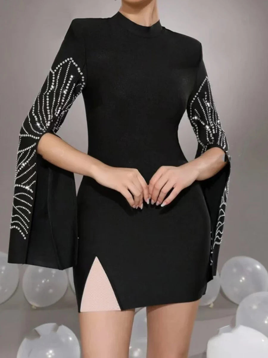 Solid Slimming Temperament Dresses for Women Round Neck Long Sleeves Patchwork Diamonds Dress Female Clothing New