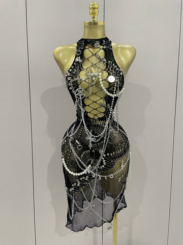 Sexy Black See-Through Pin Decoration Chain Beading Short Dress 2025 Women Birthday Evening Party Nightclub Performance Costume