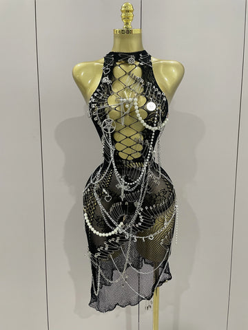 Sexy Black See-Through Pin Decoration Chain Beading Short Dress  Women Birthday Evening Party Nightclub Performance Costume