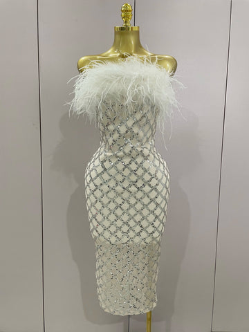 New Shinning White Feathers Sequins Straples Bodycon Dress Women Fashion Celebrate Luxury Birthday Party Cocktail Dress