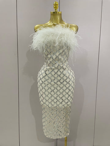 2025 New Shinning White Feathers Sequins Straples Bodycon Dress Women Fashion Celebrate Luxury Birthday Party Cocktail Dress