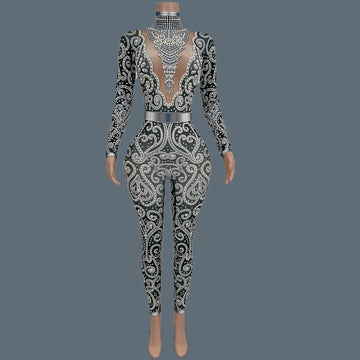 Classic Rhinestones Pearls Spandex Jumpsuit Women Nightclub Party Elastic Sexy Bodysuit Showgirl Performance Stage Wear Quanquan