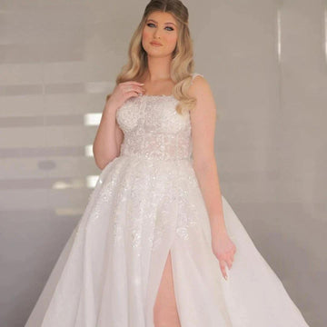 Plus Size Wedding Dresses For Woman A-Line Boat-Neck Side Slit Lace Appliques Bride Gowns Tulle Vestido de Novia Customed