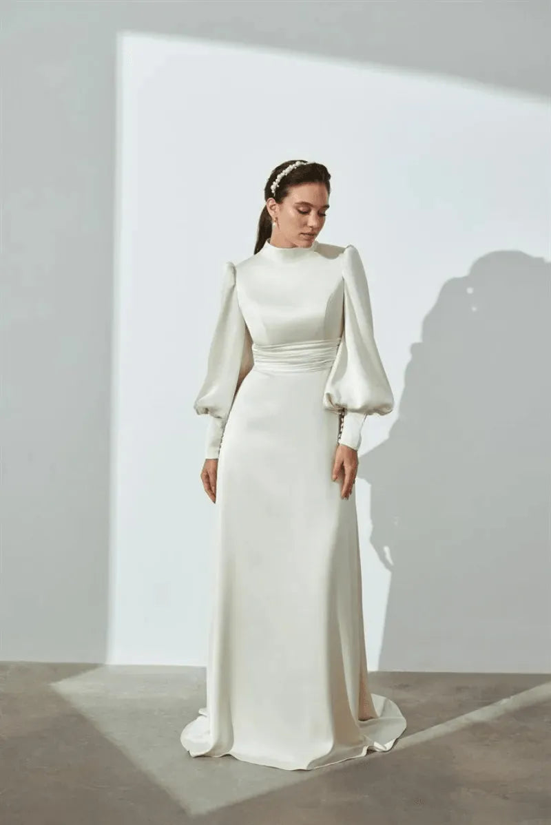 Muslim Simple High Collar Ivory Mermaid Wedding Dresses Button Full Satin Draped Pleat Bride Gown Floor Length robe de mariée champagne Satin