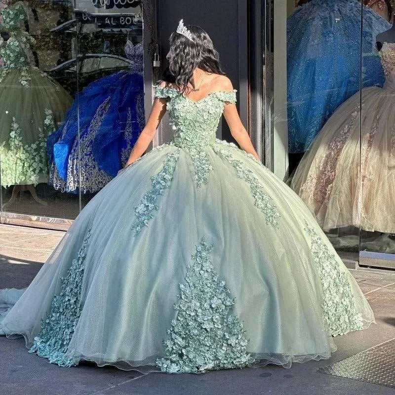 Quince Dress | 3D Flowers Sage Green Quinceanera Dress with Bow Formal Birthday Party Prom for 16 Years Vestido De 15 Años Corset picture green