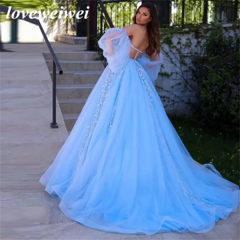 Vestido de fiesta con apliques brillantes en azul cielo, encantador, con cuentas, mangas abullonadas desmontables, vestido de baile de tul, vestido de noche estilo princesa con corsé