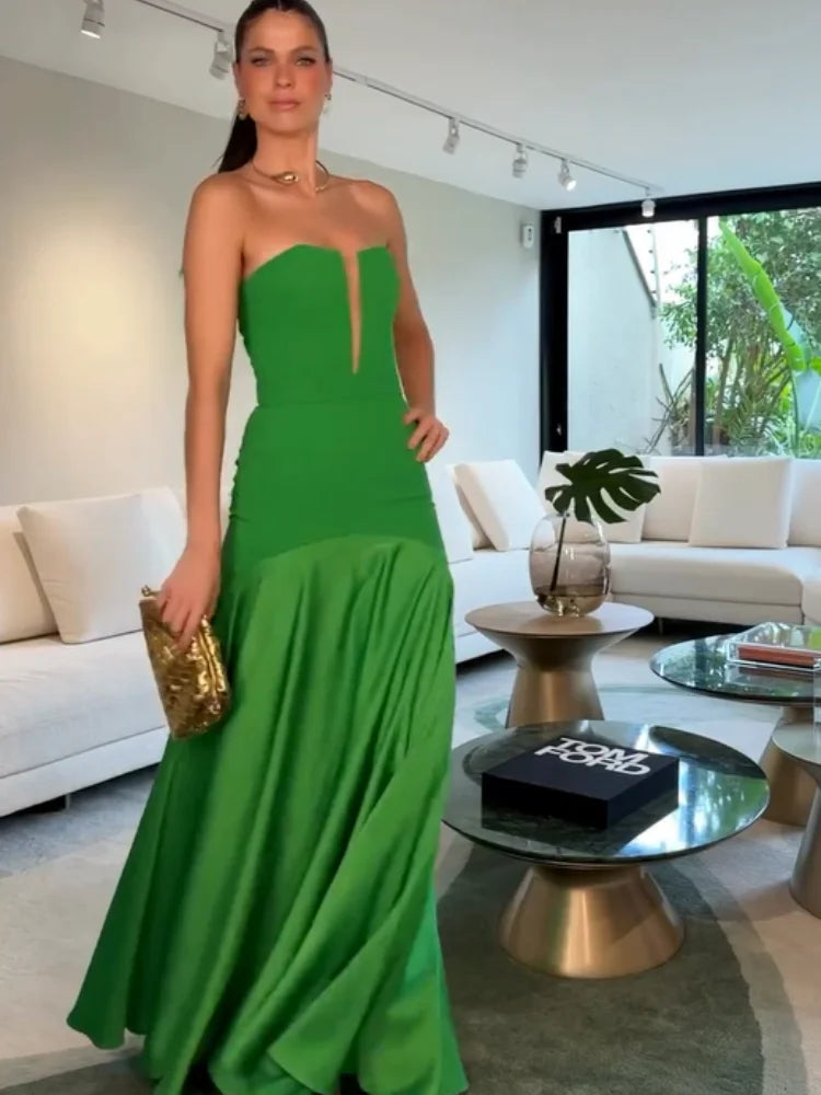 Elegant Green Patchwork Satin Long Dresses Women Fashion Off Shoulder Cut Out Pleated A-line Robe Lady Party Dresses 2025 Summer