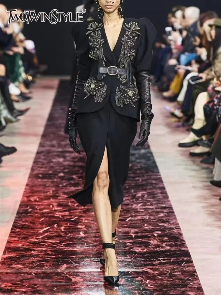 TWOTWINSTYLE Solid Spliced Appliques Two Piece Sets for Women V Neck Long Sleeve Top High Waist Split Skirts Elegant Set Female