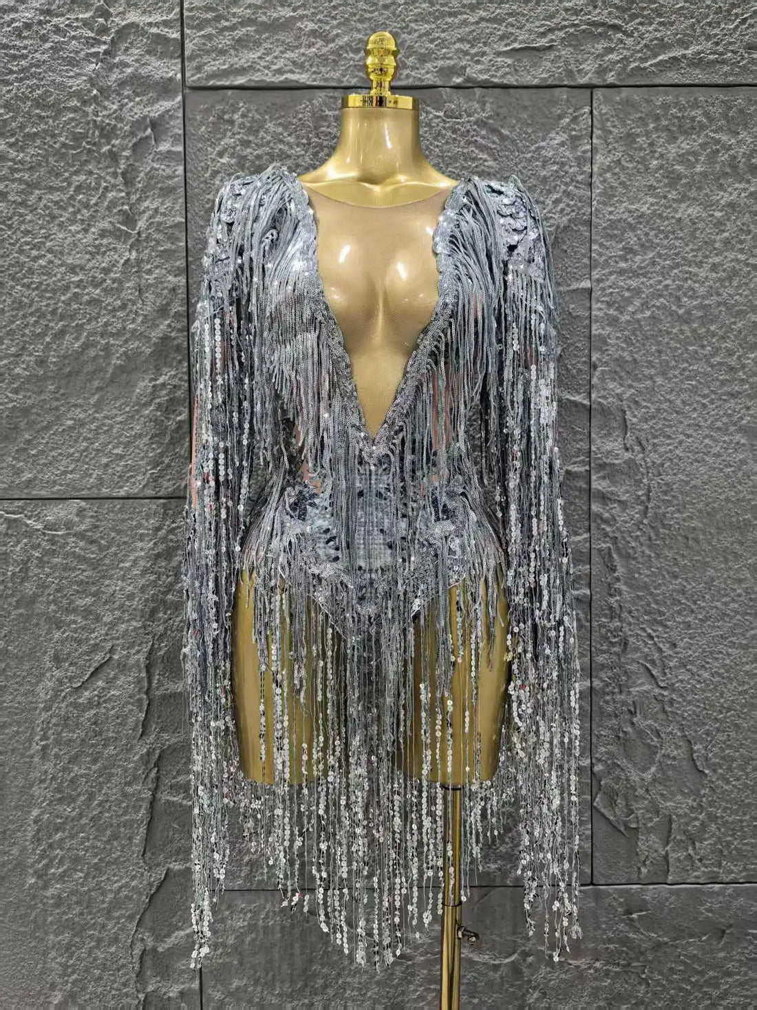 STOCK Women Long Sleeve Sexy V-Neck Bodycon Bodysuit Shinning Sequin Tassel Celebrate Bar Dancer Performance Costume Stage Wear