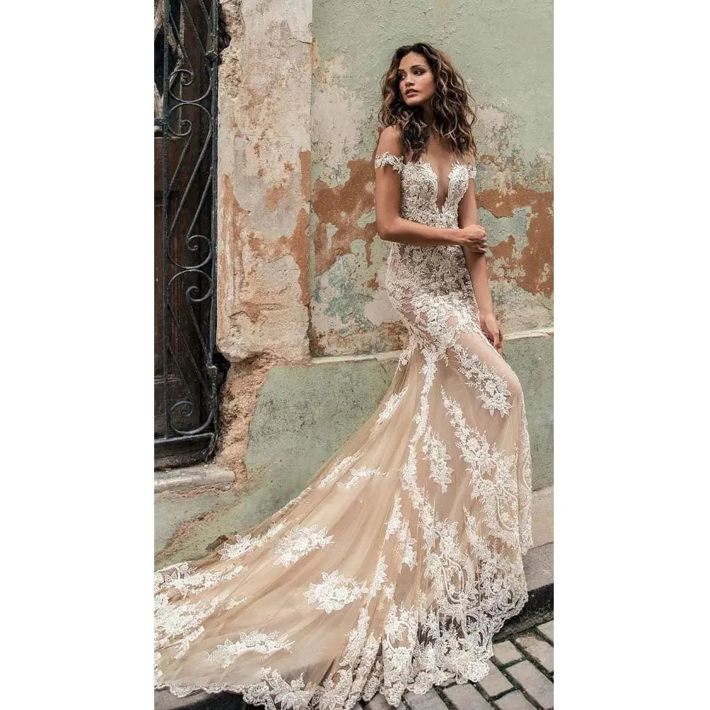 Luxury Mermaid Lace Wedding Dresses White Open Back Deep V-neck Off The Shoulder Bridal Gowns Sweep Train Vestido De Novia Mermaid