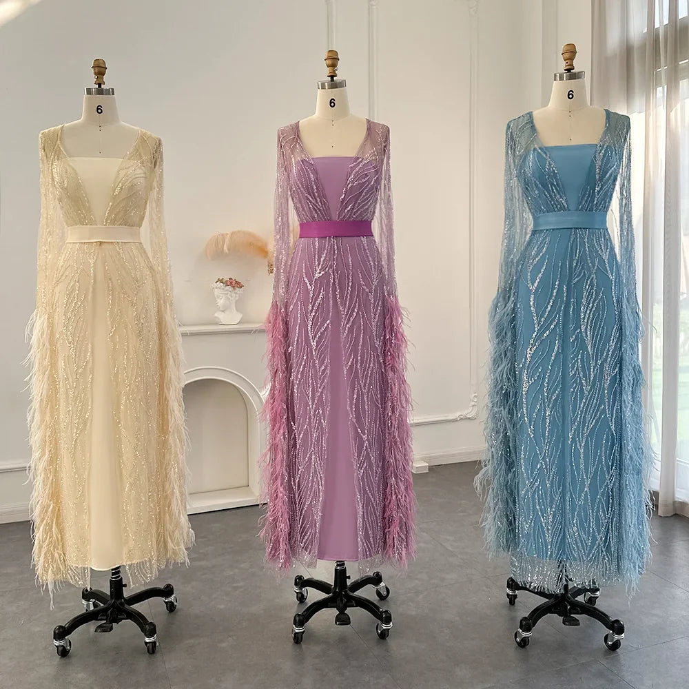 Vestidos de noche de lujo de Dubái con plumas de color amarillo claro y mangas estilo capa, vestidos de fiesta de boda para mujer de color morado árabe SS420 