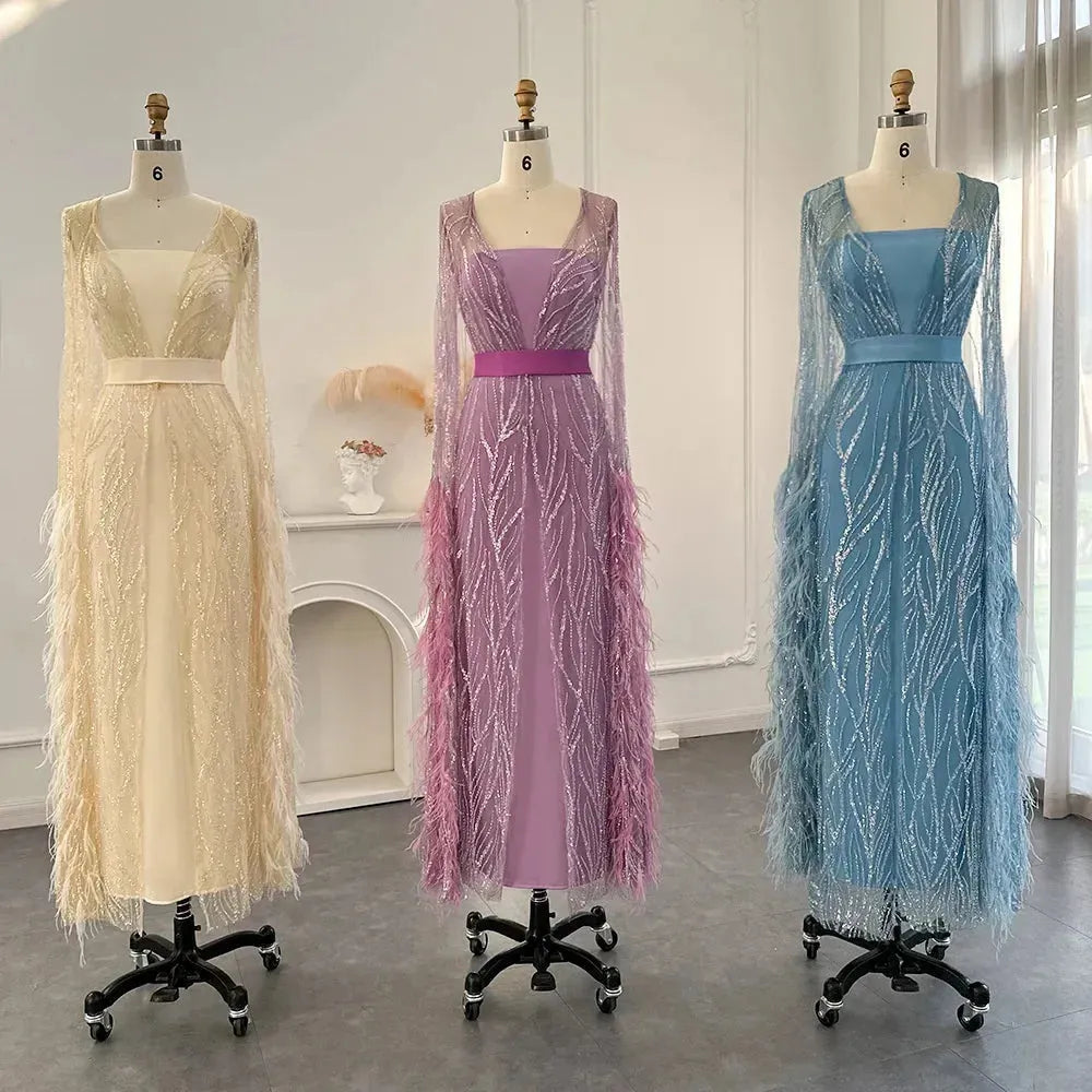 Luxury Dubai Feathers Light Yellow Evening Dresses with Cape Sleeves Arabic Purple Women Wedding Party Gowns SS420 Evening Dress