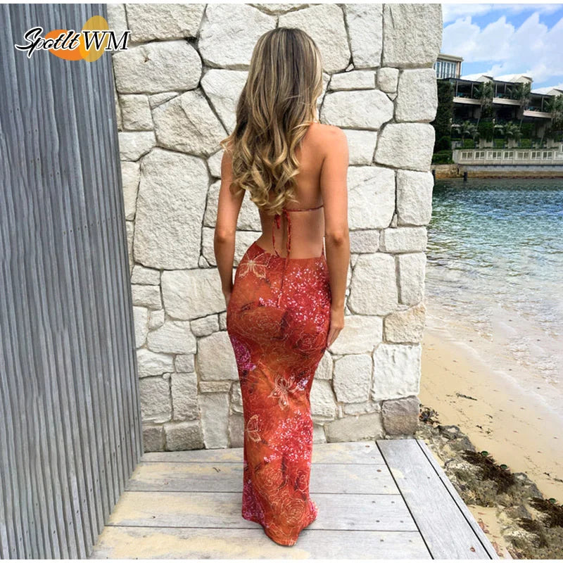 Women's Sexy Deep V High Waist Printed Halter Dress Sleeveless Slim Fit Backless Lace Up Dresses Summer Fashion Party Dress 2025
