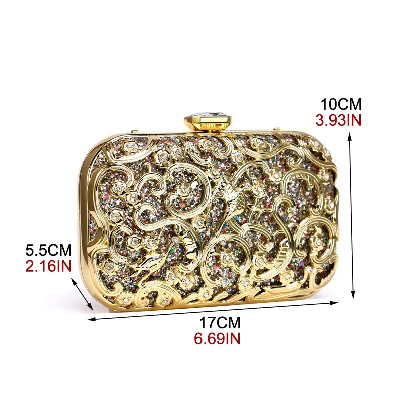 Bolso de mano de boda con diamantes, bolso de mano de lujo para mujer, bolso de hombro para fiesta con patrón de flores ahuecado, bolso de noche para mujer 