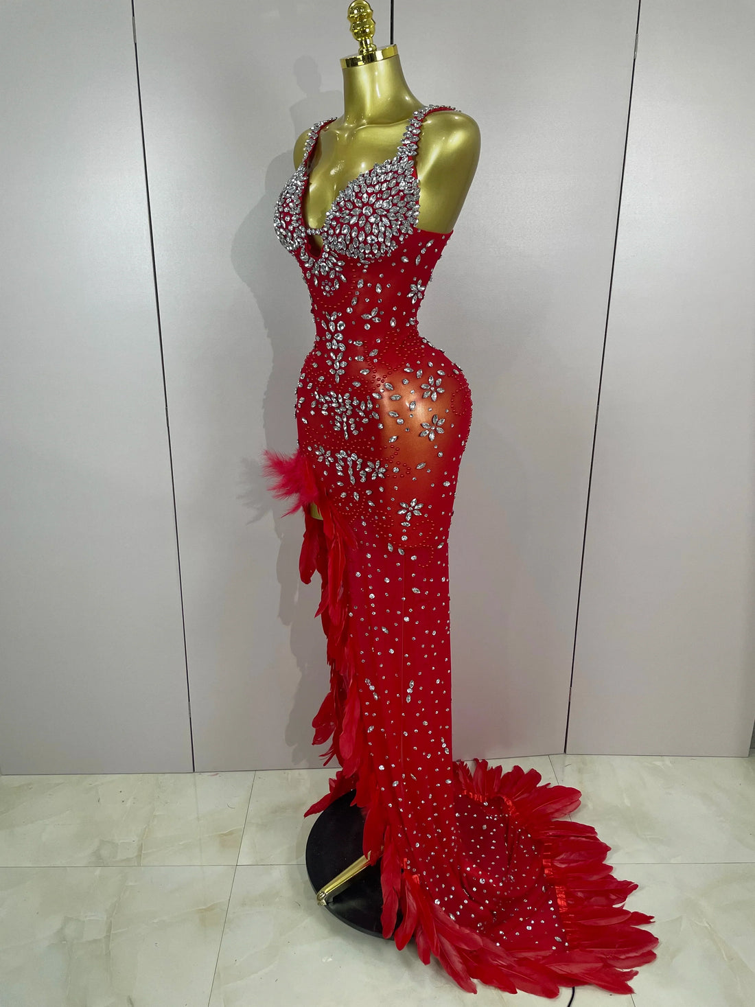 New Exquisite Feather Red Evening Dress Women Sparkle Rhinestones Sexy High Slit Birthday Celebrate Stage Photoshoot Costume