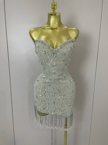 Luxury Sparkle Diamond Tassel Halter Cocktail Dress  Women Elegant Evening Formal Gowns Wedding Party Dresses Stage Costumes