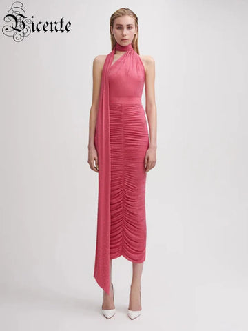 VC Elegant Sleeveless Halter Ribbon Ruched Details Backless Body Suit With Beaded Maxi Long Skirt Two Pieces Set Casual Wearing