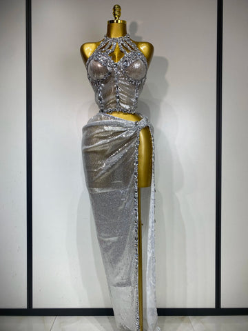 Women Sparkly 2025 Silver Rhinestones Top Long Skirt Two Pieces Set Singer Dancer Performance Costume Nightclub Stage Wear