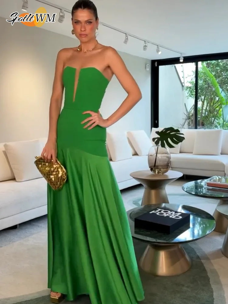 Elegant Green Patchwork Satin Long Dresses Women Fashion Off Shoulder Cut Out Pleated A-line Robe Lady Party Dresses 2025 Summer