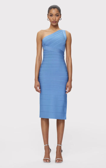 Skyblue Color Women Sexy One Shoulder Backless Bodycon Bandage Mid-calf Dress Celebrate Evening Party Cocktail Outfit Vestido