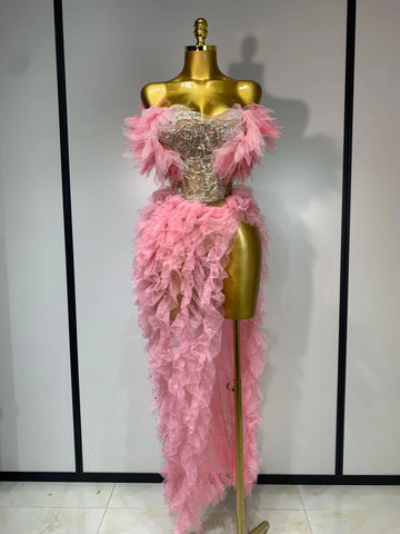 Women Sexy Strapless Ruffles two Pieces Set Bodycon Long Dress High Split Fashion Nightclub Party Birthday  Singer Stage Outfit