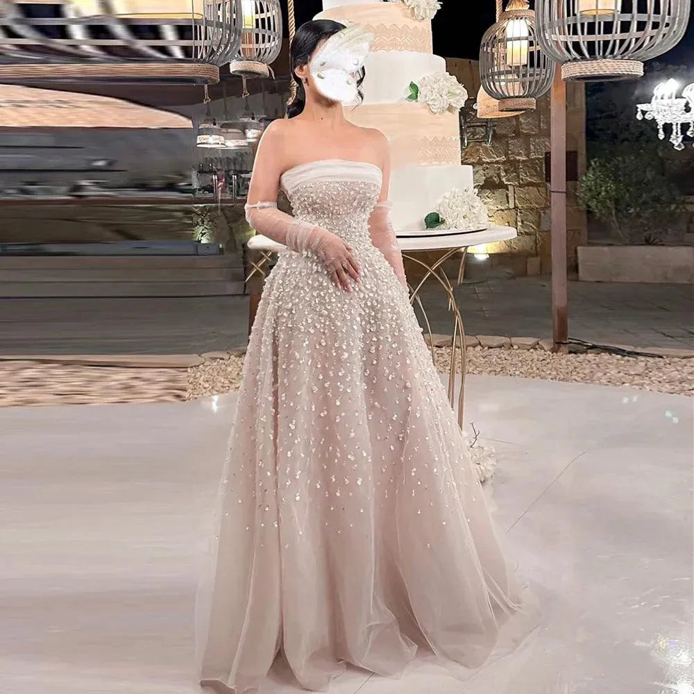Luxury Dubai Pearls White Nude Arabic Evening Dresses with Gloves Elegant Women Wedding Bridal Party Gowns Evening Dress