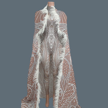 Fashion White Printed Tight Jumpsuit with Feather Long Cloak Unisex Stage Performance Dance Costume Set for Men And Women Xuenv