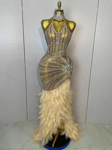 Sparkly Sexy Crystal  Floor-Length Feathers Maxi Dress  Elegant  Evening Party Birthday Performance Prom Dance Stage Costume